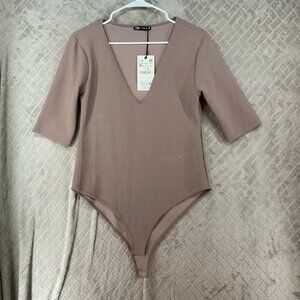 Zara Womens XL One Piece Bodysuit Top Dusty Pink Short Sleeve V Neck New